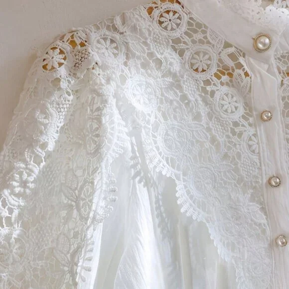 White Elegant Women's Mock Neck Victorian Lace Puff Sleeve Shirt Blouse - Picture 4 of 4